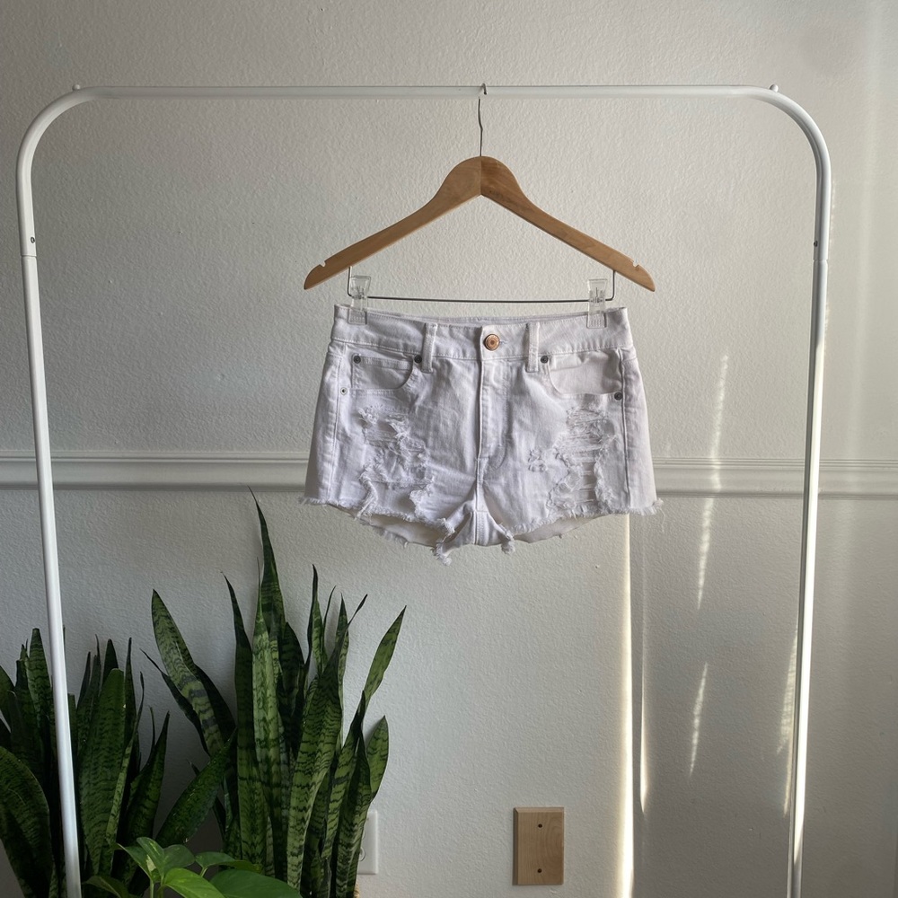 American Eagle White Hi Rise Shortie Jean Denim Distressed Cut Off Shorts